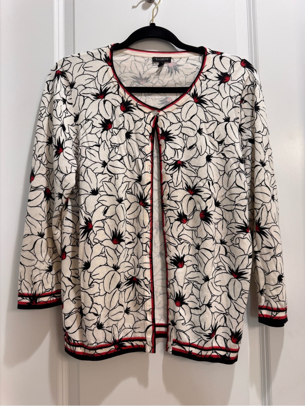 Talbots White Floral Cardigan Sweater  Large Black Edging Long Sleeves Buttons